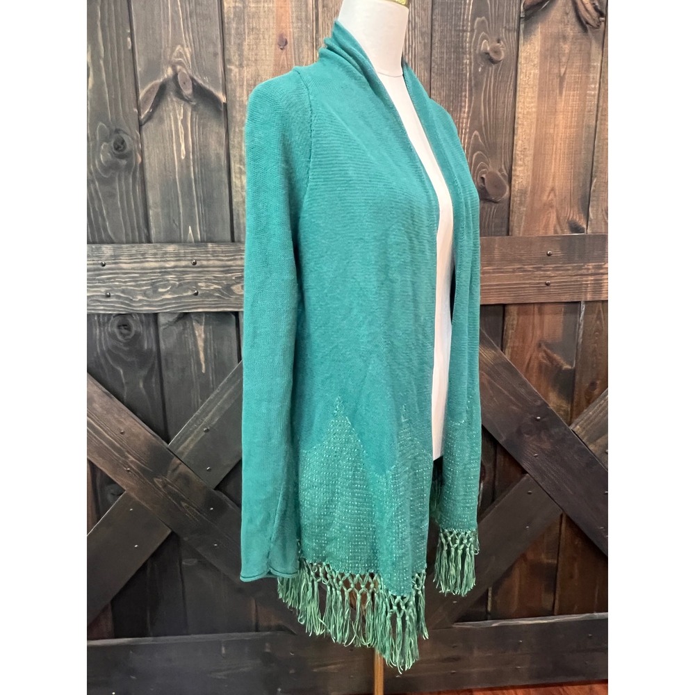Lilly Pulitzer Teal Tatum Cardigan Sweater M Fringe Hem Open Coastal Boho Knit - Picture 5 of 10